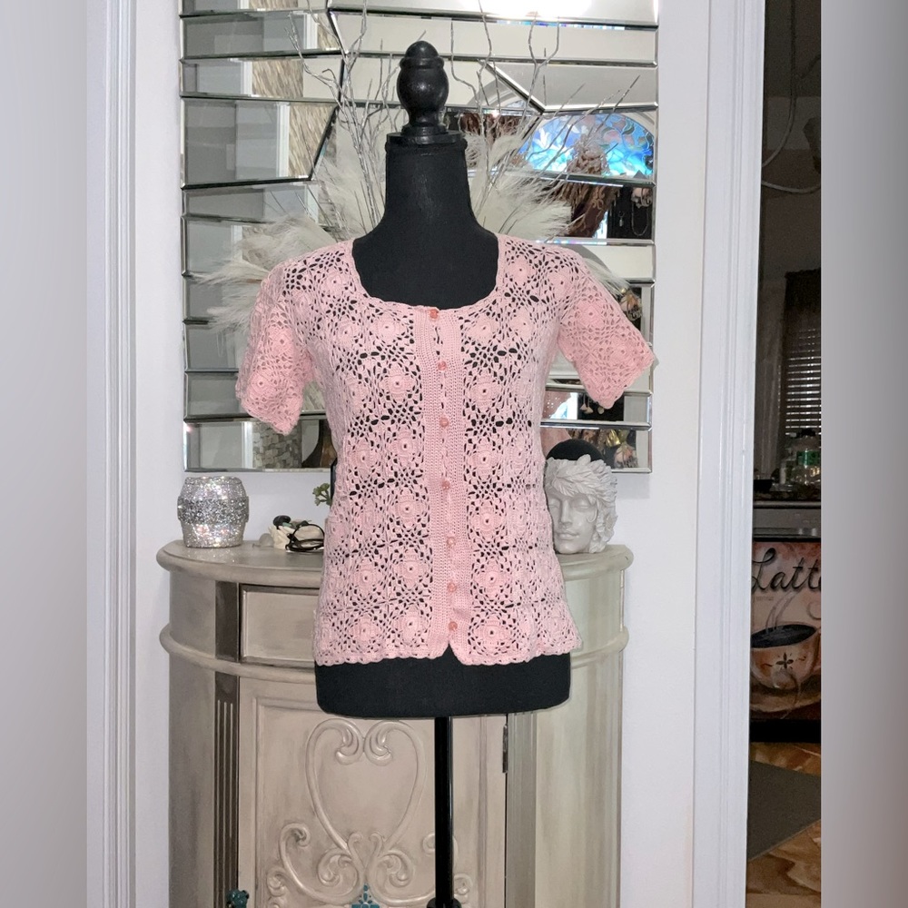 Pink Handmade crochet top 100% satin cotton , size S